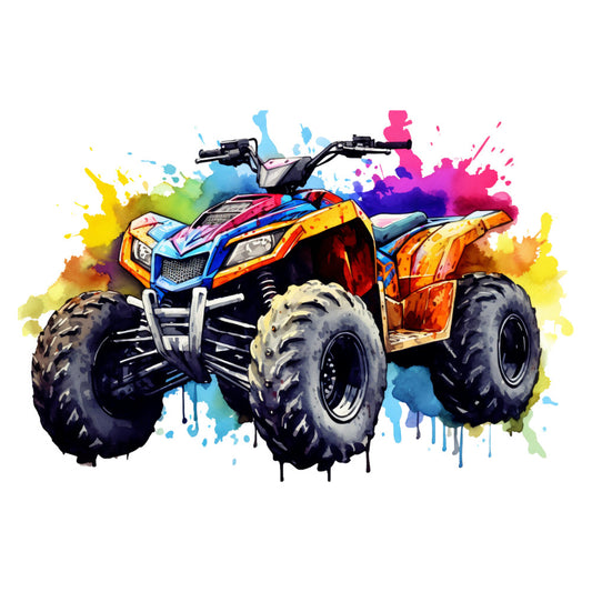 watercolor, four wheeler, atv, quad bike, vibrant colors, yellow, blue, pink, purple, orange, paint splashes, colorful splatters, off-road vehicle, adventure theme, artistic style, fabric panel, quilting cotton, boys room, outdoor recreation, extreme sports, rainbow colors, dripping paint, modern art style