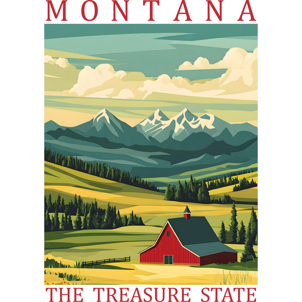 montana, treasure state, red barn, snow-capped mountains, rolling hills, evergreen trees, farmland, countryside, vintage poster style, cream clouds, sage green, golden yellow, forest green, burgundy red, layered landscape, rural scene, fabric panel, quilting cotton, americana theme, western landscape