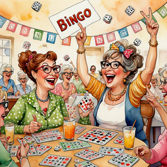 vintage bingo, retro gaming, 1950s style, grandma aesthetic, nostalgic fun, happy elderly women, celebrate seniors, game night, colorful dice, bingo cards, pastel colors, coral pink, sage green, soft yellow, powder blue, fun and games, whimsical illustration, cheerful characters, playful theme, social gathering, friendship, leisure activity, retirement celebration, multi-generational, bright and joyful, folk art style, illustrated figures, party scene, recreational games