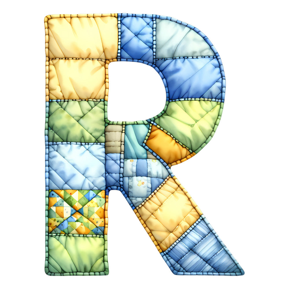 letter r, alphabet, quilted, patchwork, yellow, blue, green, light blue, cream, orange, colorful, geometric, stitched, whimsical, playful, children's, nursery, educational, typographic, monogram, personalized, decorative letter, appliqué style, multi-color, bright, cheerful, baby themed, learning, alphabet panel