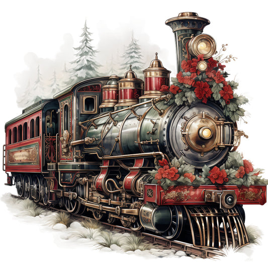 Vintage Christmas Trains Fabric Panel 16