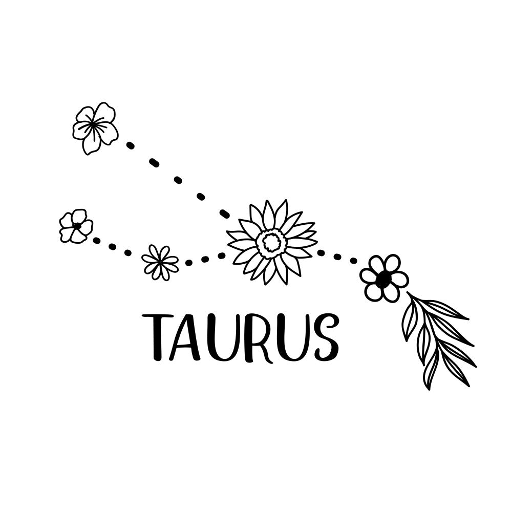 taurus, zodiac, astrology, floral, flowers, sunflower, botanical, nature, black and white, monochrome, line art, minimalist, modern, whimsical, celestial, spring, summer, constellation, stars, dots, trailing design, daisy, wildflowers, garden, elegant, bohemian, decorative, illustration, nursery, wall hanging
