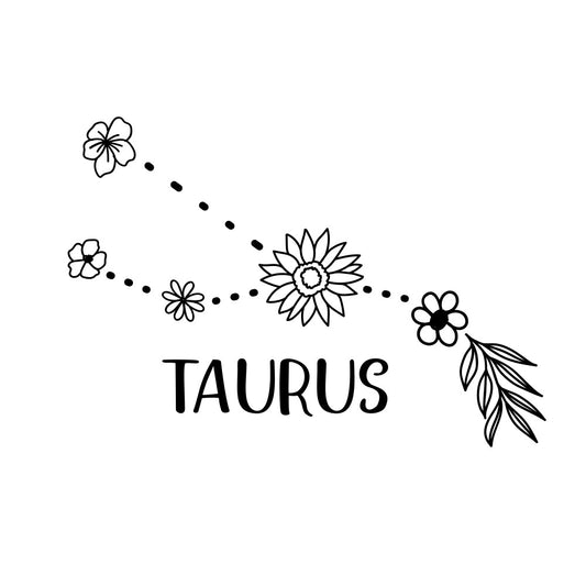 taurus, zodiac, astrology, floral, flowers, sunflower, botanical, nature, black and white, monochrome, line art, minimalist, modern, whimsical, celestial, spring, summer, constellation, stars, dots, trailing design, daisy, wildflowers, garden, elegant, bohemian, decorative, illustration, nursery, wall hanging