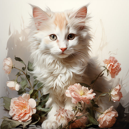 Watercolor Cats with Flowers Fabric Panel 8 featuring a detailed white and cream cat surrounded by soft pink flowers on premium quilting cotton.