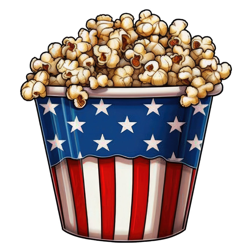 popcorn, red and white stripes, navy blue, white stars, patriotic, american flag, fourth of july, independence day, movie night, theater, snack, food, summer, fun, whimsical, playful, novelty, children, kids, casual style, red white and blue, striped pattern, star motif, festive, entertainment themed