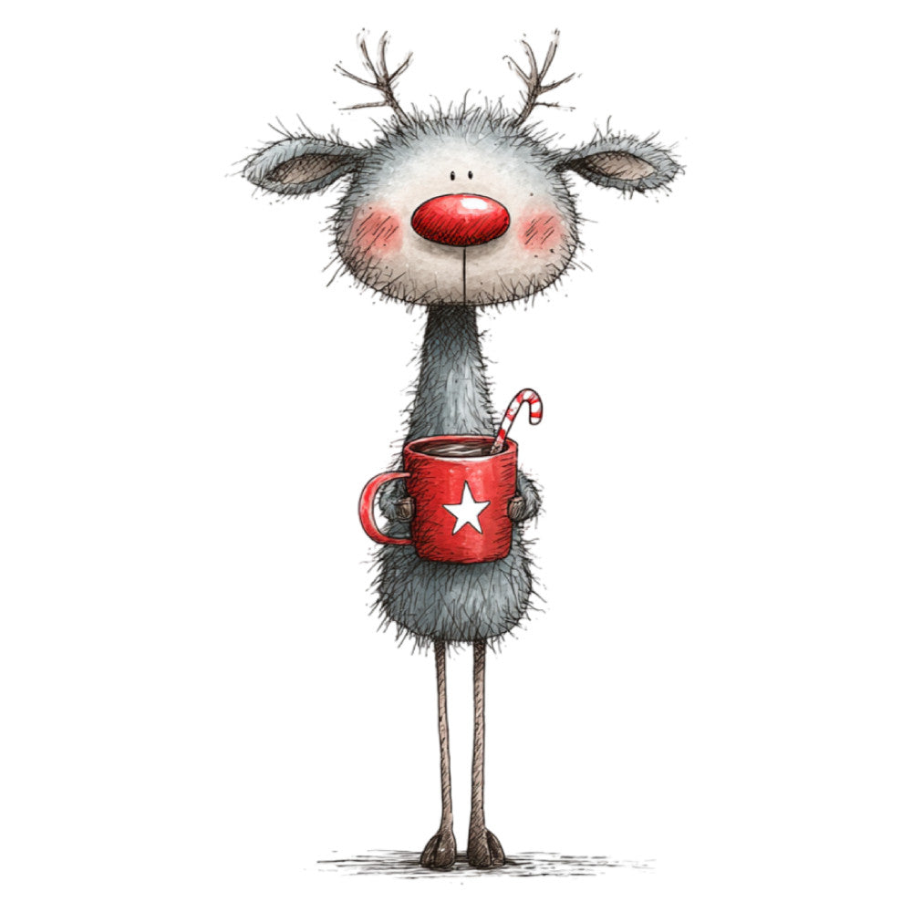 red nose reindeer, christmas, holiday, festive, whimsical, cute animals, reindeer, rudolph, red and white, gray, cream, charcoal, candy cane, hot cocoa mug, winter, cheerful, playful, children, kids, humorous, folk art style, rustic charm, seasonal, december, gift worthy, heartwarming, illustrated, character print, novelty, cozy