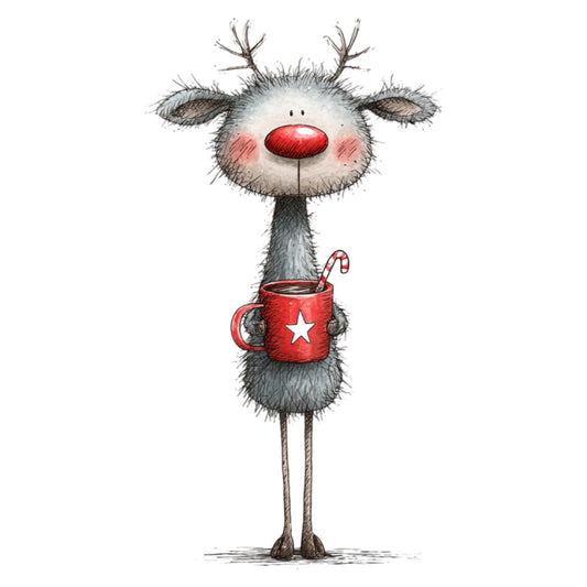 red nose reindeer, christmas, holiday, festive, whimsical, cute animals, reindeer, rudolph, red and white, gray, cream, charcoal, candy cane, hot cocoa mug, winter, cheerful, playful, children, kids, humorous, folk art style, rustic charm, seasonal, december, gift worthy, heartwarming, illustrated, character print, novelty, cozy