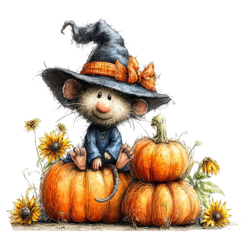 cute mouse, witch hat, orange pumpkins, sunflowers, autumn, fall, halloween, harvest, whimsical, children's, baby, animals, woodland creatures, orange, charcoal gray, blue denim, yellow gold, nature, seasonal, festive, country, farmhouse, rustic, folk art, illustration, storybook, sweet, charming, panel design