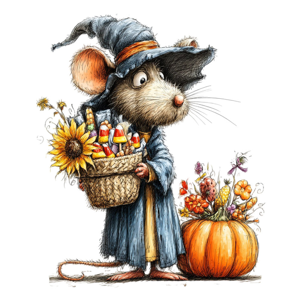 autumn, fall, harvest, whimsical, cute, mouse, rat, woodland, animals, nature, rustic, cottage core, farmhouse, sunflower, pumpkin, mushrooms, candy corn, flowers, floral, orange, blue-gray, cream, charcoal, black, vintage, storybook, children, kids, autumn harvest, seasonal