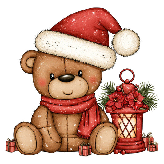 teddy bear, christmas, holiday, red, cream, tan, brown, poinsettia, festive, whimsical, cute, children, baby, gift basket, ornaments, snow, winter, traditional, seasonal, cheerful, decorative, nostalgic, vintage style, fabric panel, christmas bear, red scarf, evergreen branches, gift boxes