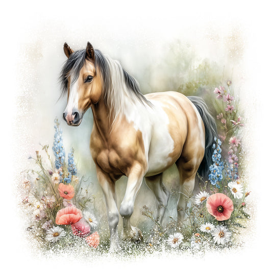 horse, buckskin, pinto, wildflowers, poppies, delphiniums, daisies, fabric panel, quilting cotton, equestrian, pastoral scene, watercolor style, soft pastels, coral pink, sky blue, cream, tan, black mane, floral meadow, dreamy atmosphere, nature scene, artistic rendering