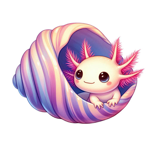 cute axolotl, cartoon animal, purple gradient, pink gills, cream colored, pastel colors, whimsical design, kawaii style, fabric panel, quilting cotton, adorable character, soft pastels, rainbow swirl, baby animal, cheerful mood, craft fabric, sewing panel, amphibian design, playful illustration, children's fabric