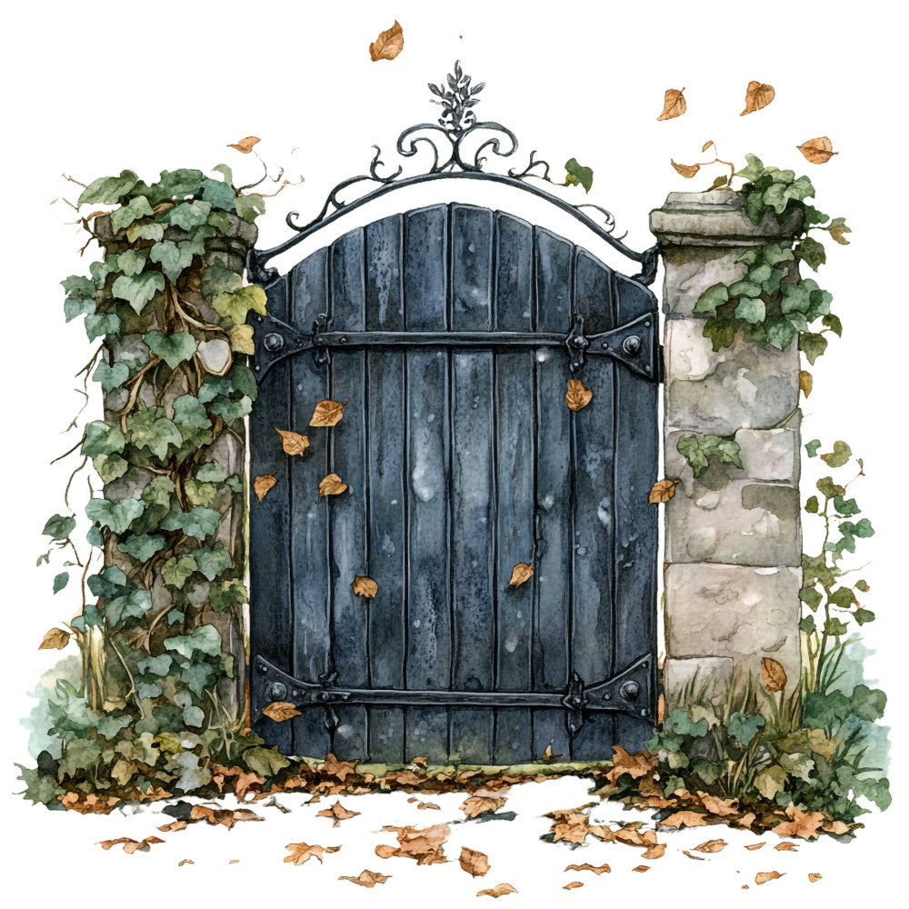 autumn gate, dark blue door, ivy, stone wall, weathered wood, fall leaves, nature, vintage, rustic, garden gate, ornate hardware, woodland, botanical, earthy tones, bronze leaves, climbing vines, architectural, cottage core, farmhouse, elegant, traditional, whimsical, autumn harvest, falling leaves, sepia tones, sage green, charcoal gray, nature scene, wall hanging, decorative panel