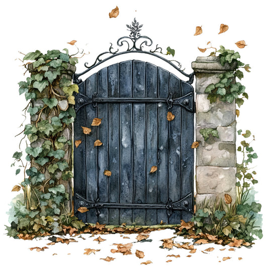autumn gate, dark blue door, ivy, stone wall, weathered wood, fall leaves, nature, vintage, rustic, garden gate, ornate hardware, woodland, botanical, earthy tones, bronze leaves, climbing vines, architectural, cottage core, farmhouse, elegant, traditional, whimsical, autumn harvest, falling leaves, sepia tones, sage green, charcoal gray, nature scene, wall hanging, decorative panel