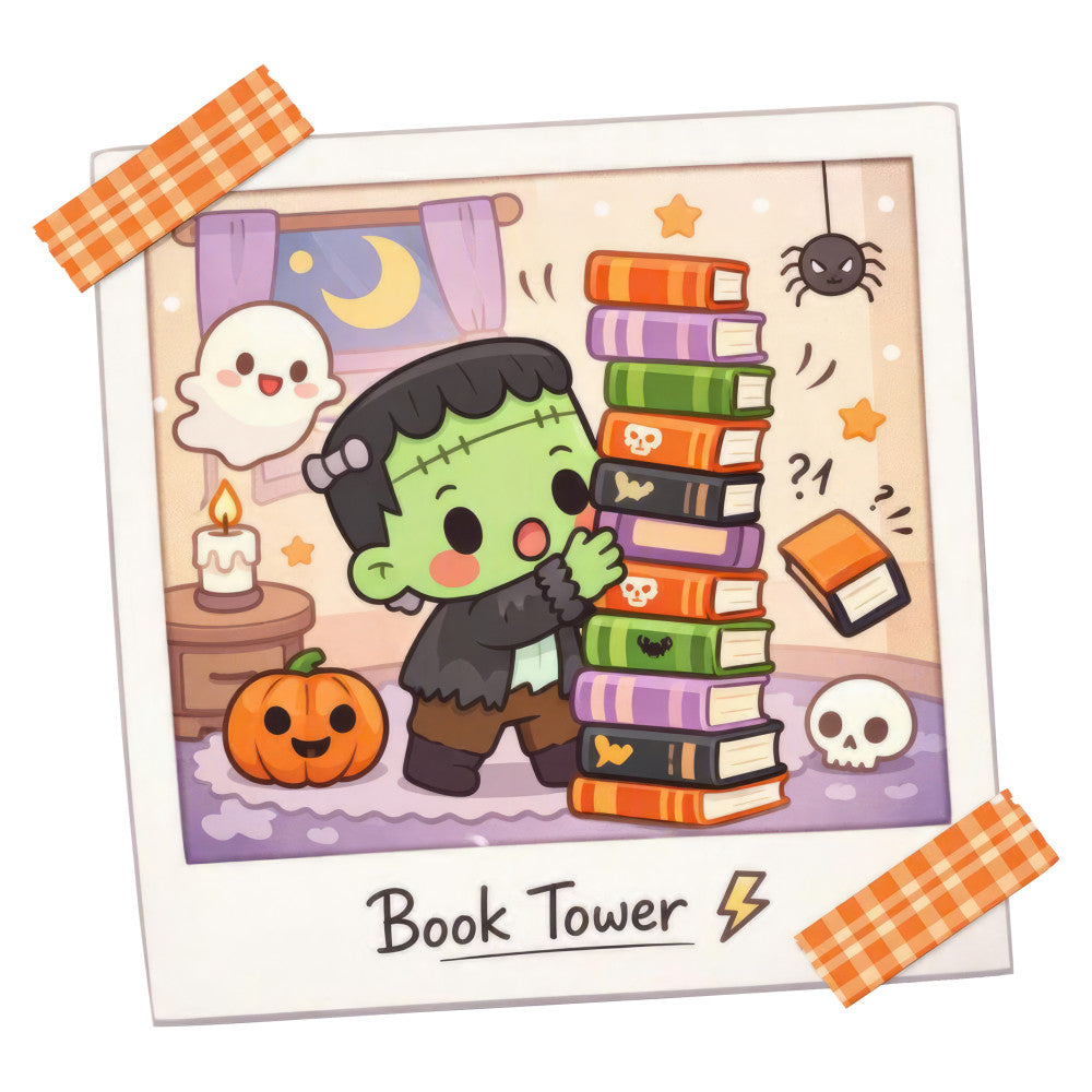 halloween, frankenstein, book tower, green, purple, orange, autumn, fall, spooky, cute, whimsical, ghost, pumpkin, stack of books, literary, library, witch, monster, skull, spider, stars, candle, moon, night sky, children's, kids, playful, novelty, holiday, festive