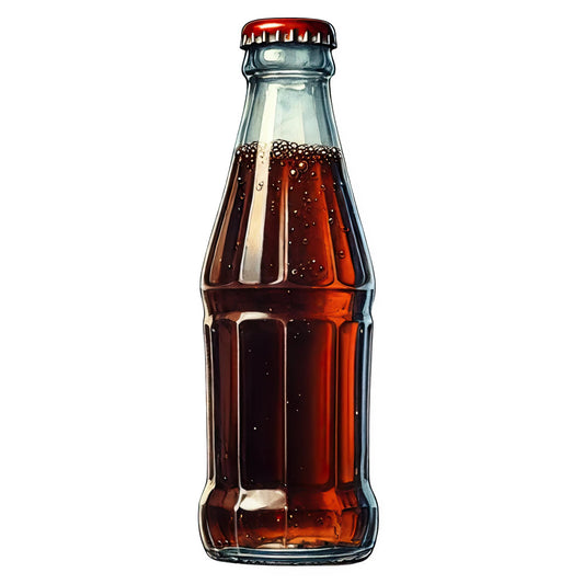 cola bottle, soda bottle, retro beverage, vintage advertising, dark red, ruby red, deep brown, amber glass, nostalgic, classic americana, mid-century, iconic bottle shape, refreshment theme, retro kitchen, vintage diner, antique collectible, carbonated drink, beverage illustration, kitchenware, 1950s style, commercial vintage, advertising art, pop culture, heritage brand, traditional design, nostalgic americana, restaurant decor, cafe themed, vintage shop, retro deli