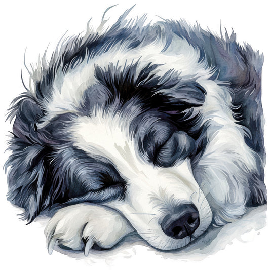watercolor, border collie, dog portrait, sleeping dog, black and white, gray tones, soft blues, artistic rendering, fabric panel, quilting cotton, pet themed, realistic animal, peaceful mood, brushstroke texture, monochromatic palette, dog lover, crafting material, sewing panel, animal art, serene expression