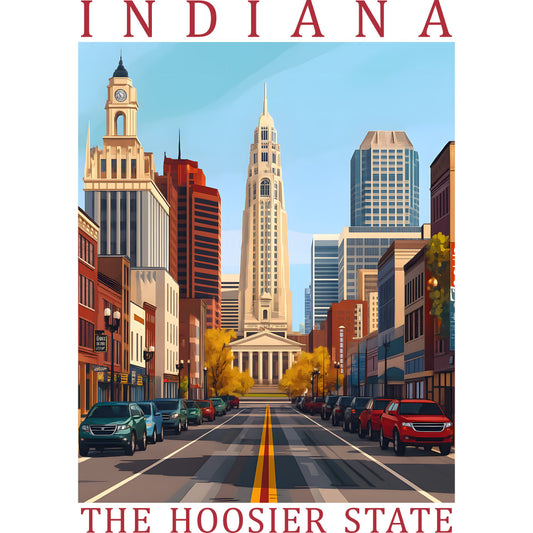 fabric panel, indiana, hoosier state, cityscape, downtown, skyscrapers, clock tower, street scene, cars, autumn trees, golden yellow, red brick, blue sky, cream colored, modern buildings, urban landscape, travel poster style, vintage illustration, quilting cotton