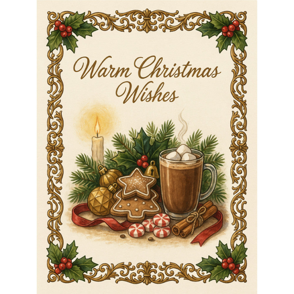 warm christmas wishes, holiday, christmas, vintage, elegant, traditional, festive, cream, gold, forest green, red, gingerbread cookies, hot chocolate, candle, holly berries, pine branches, peppermint candy, cinnamon sticks, ornaments, rustic, cozy, winter, seasonal, decorative, nostalgic, botanical, classic christmas, table runner, wall hanging
