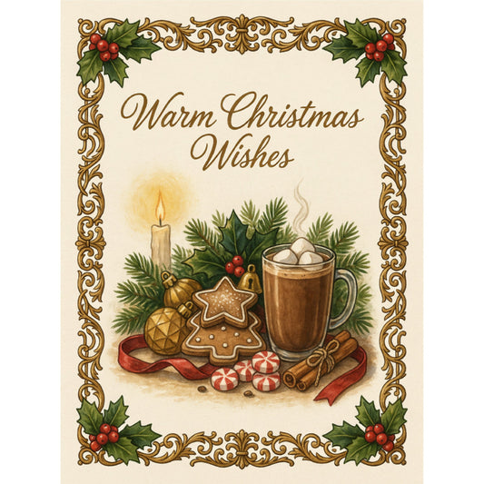 warm christmas wishes, holiday, christmas, vintage, elegant, traditional, festive, cream, gold, forest green, red, gingerbread cookies, hot chocolate, candle, holly berries, pine branches, peppermint candy, cinnamon sticks, ornaments, rustic, cozy, winter, seasonal, decorative, nostalgic, botanical, classic christmas, table runner, wall hanging