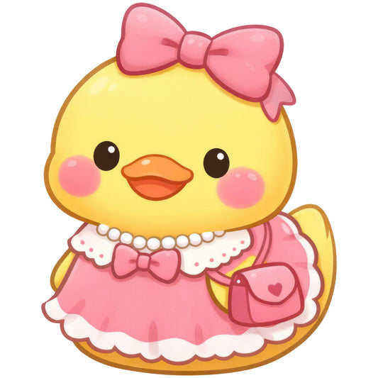 bright yellow, coral pink, rose pink, cute animals, chick, baby chick, bows, ribbons, pearl necklace, hearts, whimsical, kawaii, sweet, girly, feminine, spring, baby girl, nursery, children's, playful, cheerful, happy face, dress, vintage inspired, retro cute, decorative panel, wall hanging, baby quilt
