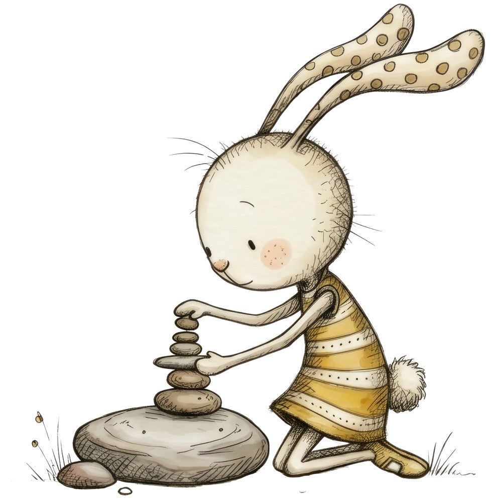 bunny, rabbit, whimsical, children, baby, cute, animals, stacked stones, zen, nature, cream, beige, tan, gold, yellow, brown, gentle, soft, storybook, illustration, woodland, playful, nursery, baby quilt, wall hanging, spring, peaceful, mindful, folk art, charming