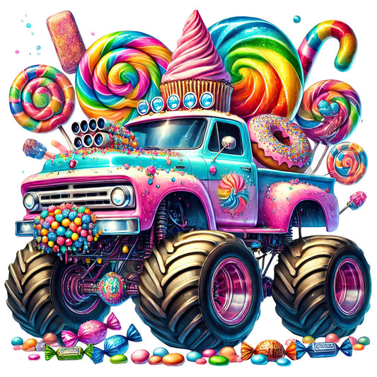 rainbow, bright multicolor, candy themed, psychedelic, whimsical, playful, bold, vibrant, neon, truck, monster truck, lollipops, donuts, cupcakes, candy, sweets, ice cream cone, bubblegum pink, hot pink, turquoise blue, lime green, golden yellow, colorful, fun, children's, novelty, retro, kitschy, whimsy, party themed