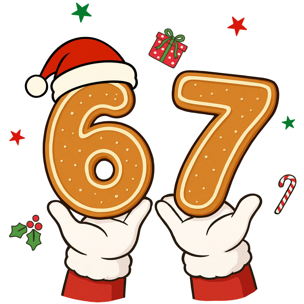 red, white, brown, green, gingerbread numbers, santa hat, christmas presents, candy cane, holly berries, stars, festive hands, holiday theme, winter celebration, fabric panel, quilting cotton, whimsical illustration, cartoon style, seasonal motifs, christmas fabric, decorative numbers