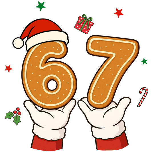 red, white, brown, green, gingerbread numbers, santa hat, christmas presents, candy cane, holly berries, stars, festive hands, holiday theme, winter celebration, fabric panel, quilting cotton, whimsical illustration, cartoon style, seasonal motifs, christmas fabric, decorative numbers