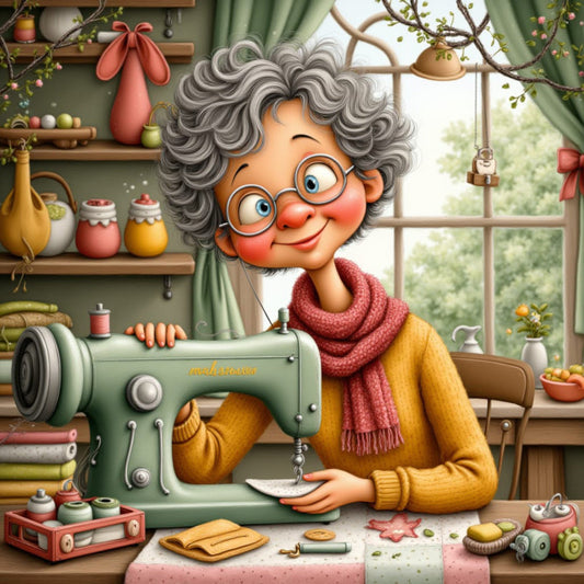 sage green, mustard yellow, coral pink, dusty rose, cream, whimsical, vintage, craft themed, sewing, grandmother, granny character, elderly woman, glasses, curly gray hair, sewing machine, crafty, retro, cottage core, nostalgic, kitchen, domestic, hobby, threads, needlework, cozy, warm, friendly, cheerful, illustrated, character panel