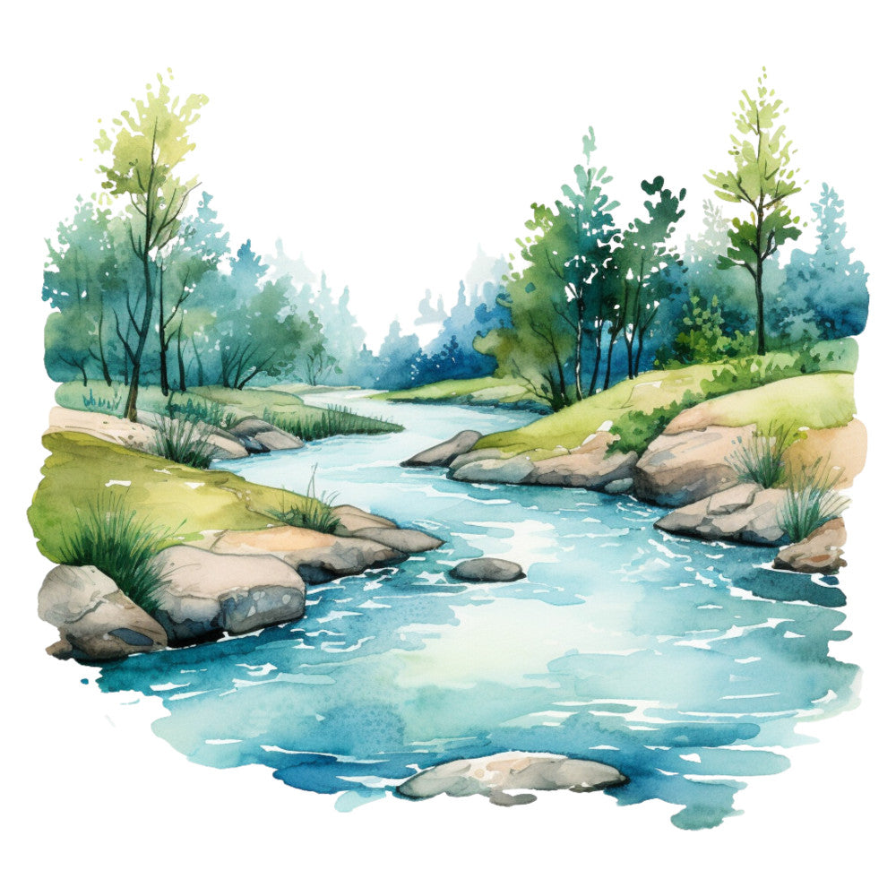 watercolor landscape, scenic river, forest green, sage green, teal blue, aqua blue, pale yellow, cream, soft green, nature scene, woodland, trees, stream, peaceful, tranquil, pastoral, whimsical, romantic, spring, summer, landscape art, water feature, rocks, grass, botanical, rustic, cottage core, nature lover, scenic design, impressionist style