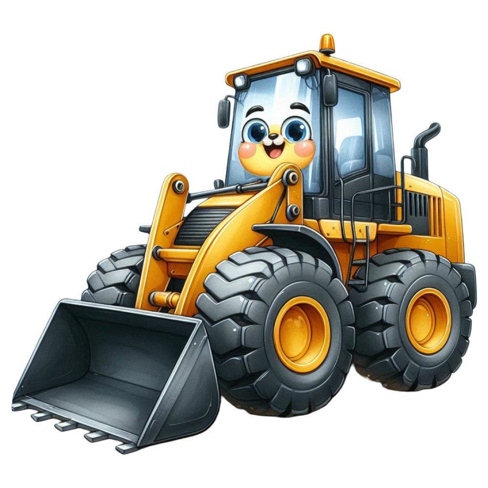 yellow, gold, orange, black, gray, construction vehicle, heavy equipment, wheel loader, anthropomorphic, cartoon, whimsical, children's, playful, cute face, big eyes, machinery, industrial, vehicle themed, construction themed, boy's fabric, toddler, nursery, baby quilt, kid's quilt, cheerful, fun, bright, animated character, transportation