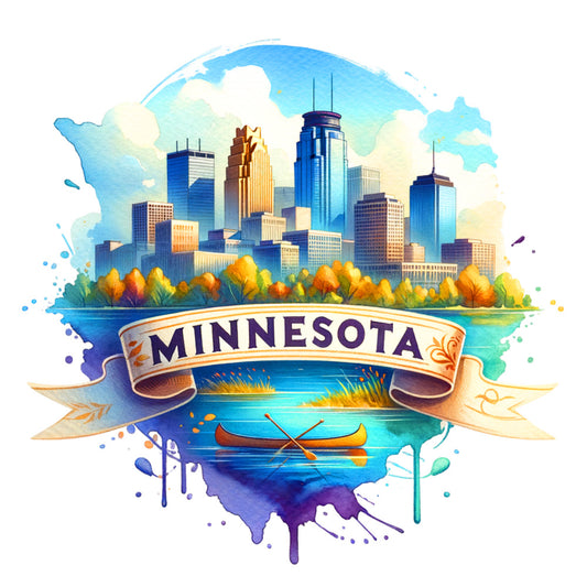 US States Retro Travel Fabric Panel 35 featuring Minnesota skyline and canoe on water in premium quilting cotton print