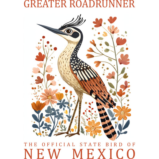 greater roadrunner, state bird, new mexico, bird illustration, botanical flowers, coral colors, cream background, rust orange, teal blue, folk art style, decorative feathers, long tail, desert bird, floral motifs, fabric panel, quilting cotton, nature design, southwestern theme, vintage poster style, stippled dots