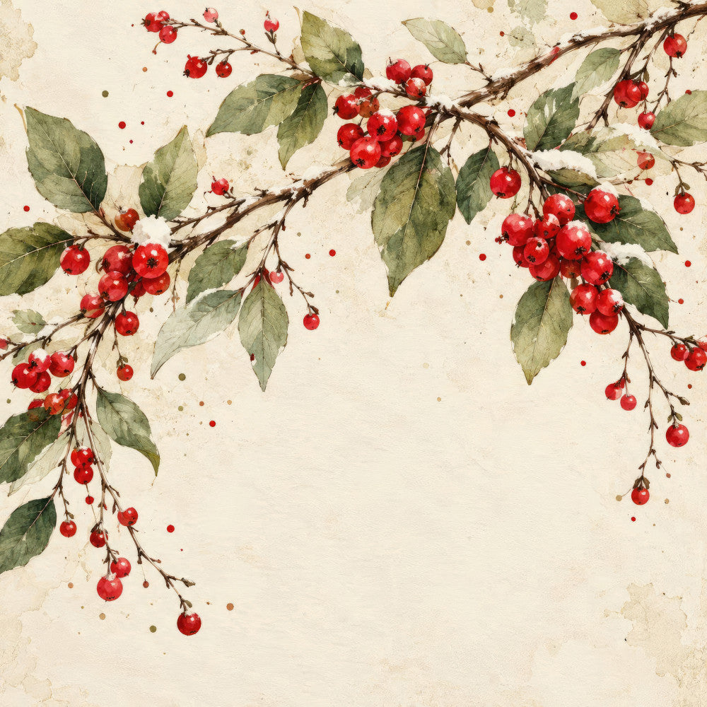 red berries, green leaves, winter berries, holiday, christmas, festive, nature, botanical, branch, vintage, rustic, elegant, cream background, ivory, snow, berries and leaves, traditional, seasonal, winter, autumn, natural, watercolor, artistic, decorative, timeless, classic, red and green, berry motif, leaf motif, wall hanging