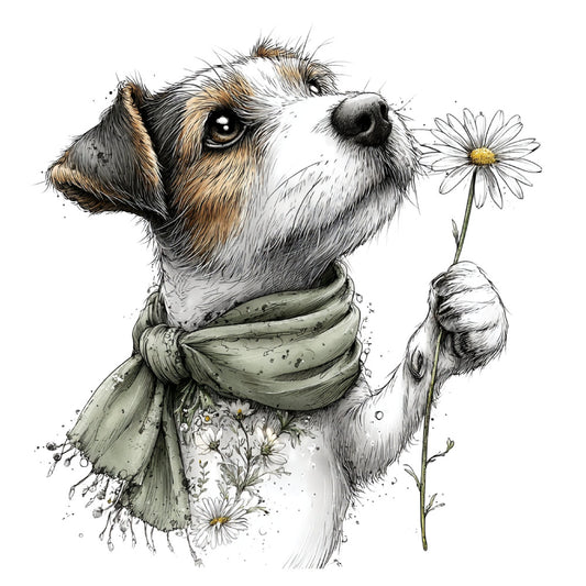 dog, puppy, terrier, animals, portrait, daisy, flowers, floral, white, cream, tan, brown, black, gold, sage green, whimsical, cute, charming, illustration, sketch, artistic, nature, spring, summer, children's, baby, sweet, gentle, decorative, wall art