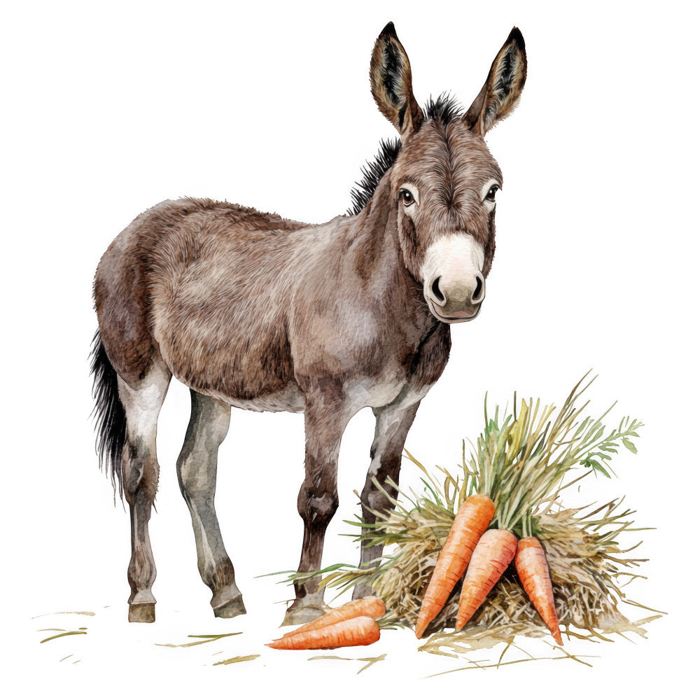 donkey, farm animals, carrots, vegetables, farmhouse, rustic, nature, barn animals, beige, tan, brown, cream, orange, green, whimsical, children's, kids, country, pastoral, harvest, garden, illustrated animals, sweet, charming, neutral tones, earthy, storybook, gentle, soft style