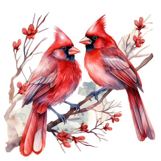 red cardinals, watercolor style, bird illustration, crimson red, coral pink, navy blue, berry branches, winter birds, nature scene, fabric panel, quilting cotton, songbirds, perched birds, botanical elements, soft pastels, artistic painting, wildlife design, winter theme, branch motif, feathered creatures