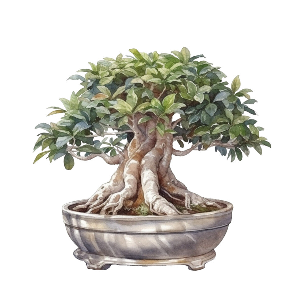 bonsai tree, fabric panel, watercolor style, botanical illustration, green foliage, brown trunk, ceramic pot, exposed roots, miniature tree, zen garden, asian inspired, nature motif, quilting cotton, crafting panel, serene artwork, potted plant, decorative leaves, earth tones, peaceful design, meditation theme