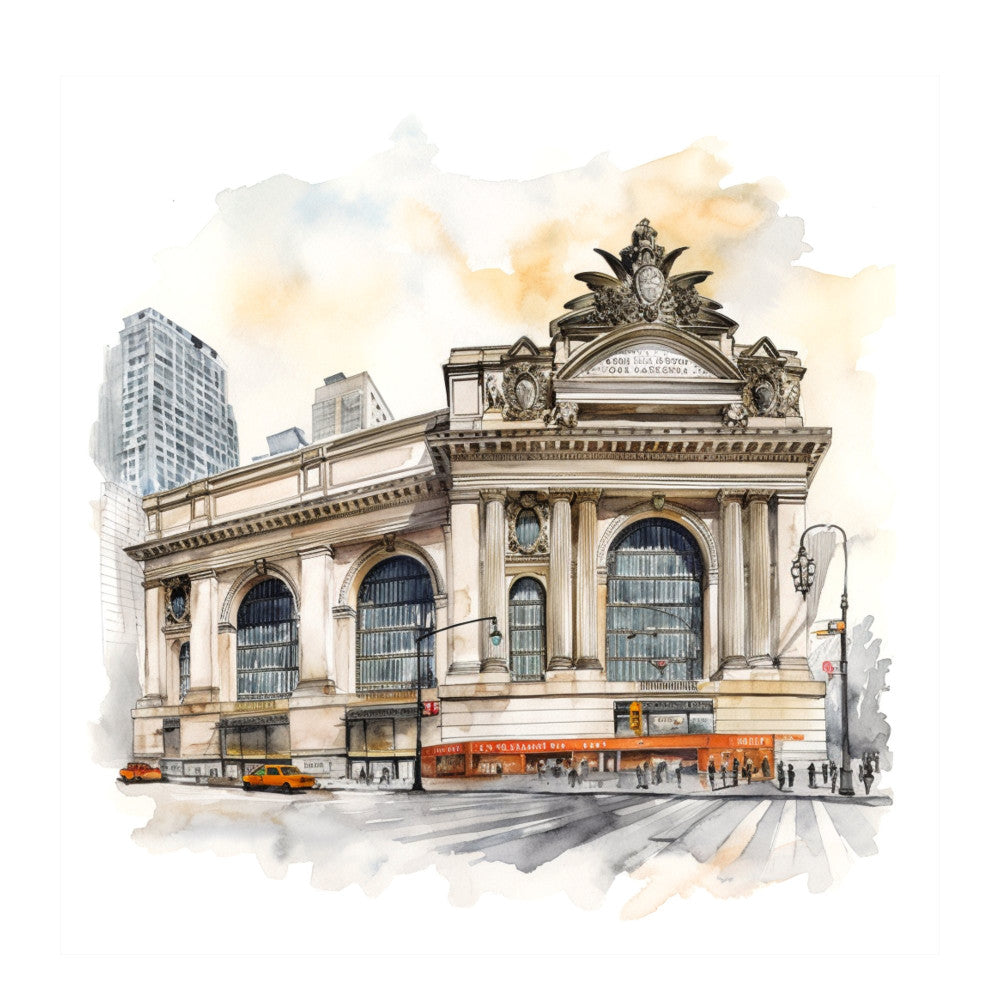 architectural, beige, cream, tan, gold, grey, gray, blue, yellow, taxi cab, urban, cityscape, grand central terminal, building, skyscraper, vintage, nostalgic, travel, transportation, landmark, elegant, classic, watercolor, illustration, new york city, metropolitan, historic, detailed, scenic, iconic