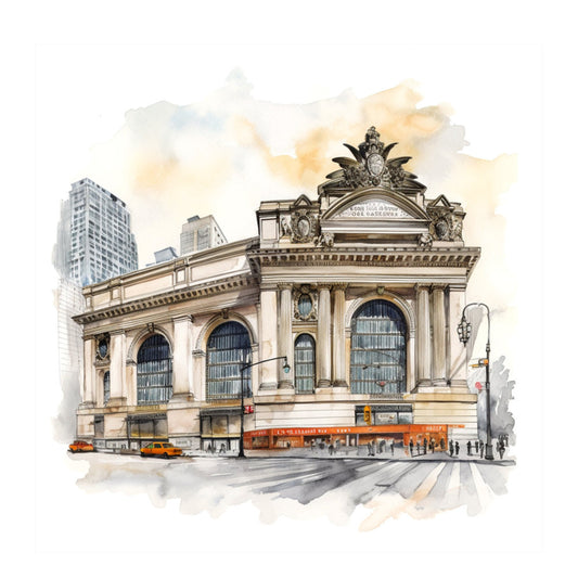 architectural, beige, cream, tan, gold, grey, gray, blue, yellow, taxi cab, urban, cityscape, grand central terminal, building, skyscraper, vintage, nostalgic, travel, transportation, landmark, elegant, classic, watercolor, illustration, new york city, metropolitan, historic, detailed, scenic, iconic