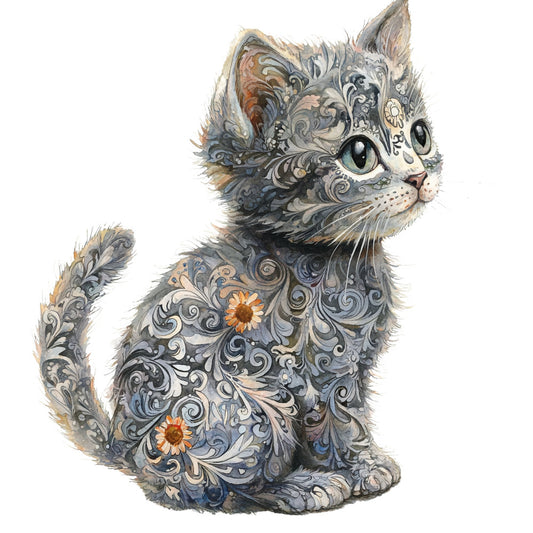 cat, kitten, animal, ornamental, decorative, floral, scrolls, flourishes, baroque, vintage, whimsical, elegant, grey, gray, blue, cream, white, gold, rust orange, sunflower, botanical, intricate, detailed, fantasy, children, nursery, storybook, illustration, artistic, embellished