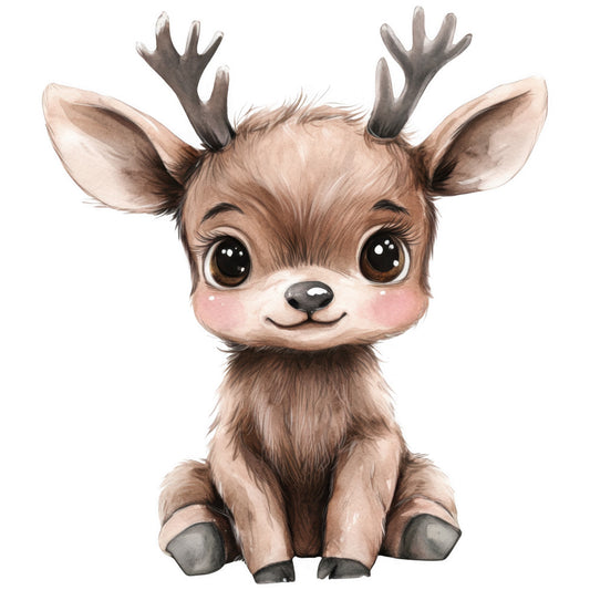 baby moose, cute animal, brown fur, small antlers, big eyes, sitting pose, woodland creature, forest animal, children's fabric, nursery panel, soft pastels, watercolor style, adorable character, quilting panel, cotton fabric, nature theme, baby animal, cartoon style, pink cheeks, winter wildlife