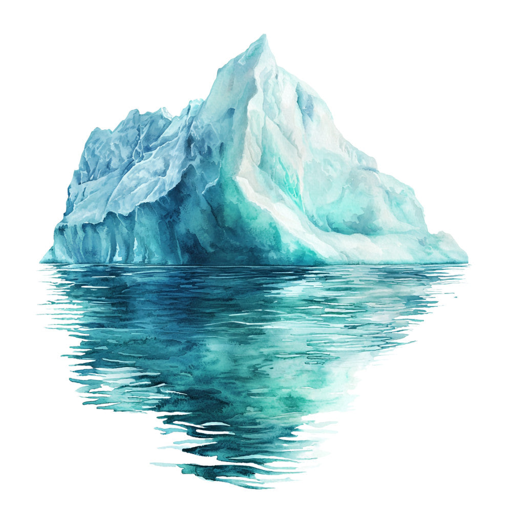 iceberg, watercolor painting, turquoise, teal, aqua blue, arctic landscape, glacial ice, ocean reflection, serene waters, polar scene, frozen wilderness, cooling blues, nature artwork, fabric panel, quilting cotton, watercolor style, peaceful mood, maritime theme, cold climate, icy formation
