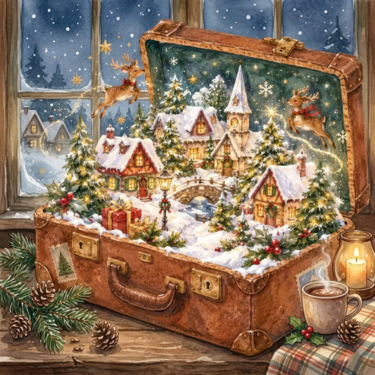 christmas village, holiday, winter scene, snow, vintage suitcase, travel theme, nostalgic, whimsical, rustic, warm brown, cream, forest green, gold accents, red houses, church, pine trees, reindeer, snowflakes, lantern, cozy, storybook, festive, traditional christmas, pastoral, cottagecore, advent calendar, dimensional, scenic landscape, warm and inviting