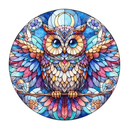 stained glass, owl, mandala, circular panel, blue eyes, multicolored feathers, purple, turquoise, orange, pink, yellow, geometric patterns, symmetrical design, ornate wings, decorative border, fabric panel, quilting cotton, bird motif, intricate details, vibrant colors