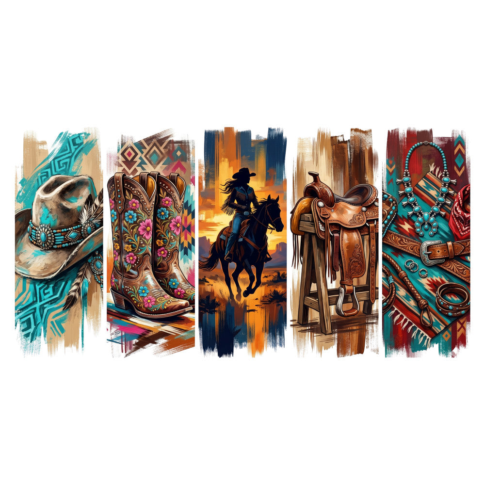 western, cowboy, turquoise, burnt orange, navy blue, rust brown, deep red, geometric, aztec, native american, southwestern, horse, saddle, hat, boots, ethnic, bohemian, rustic, traditional, tribal, desert sunset, beaded jewelry, leather, ornamental, bold colors, multi-panel, decorative, wall hanging, home decor