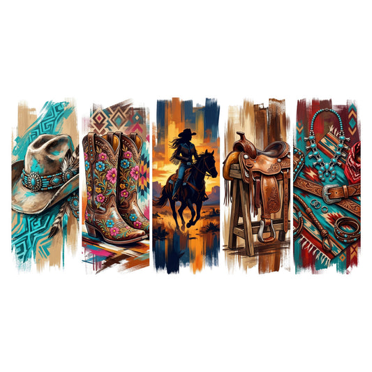 western, cowboy, turquoise, burnt orange, navy blue, rust brown, deep red, geometric, aztec, native american, southwestern, horse, saddle, hat, boots, ethnic, bohemian, rustic, traditional, tribal, desert sunset, beaded jewelry, leather, ornamental, bold colors, multi-panel, decorative, wall hanging, home decor
