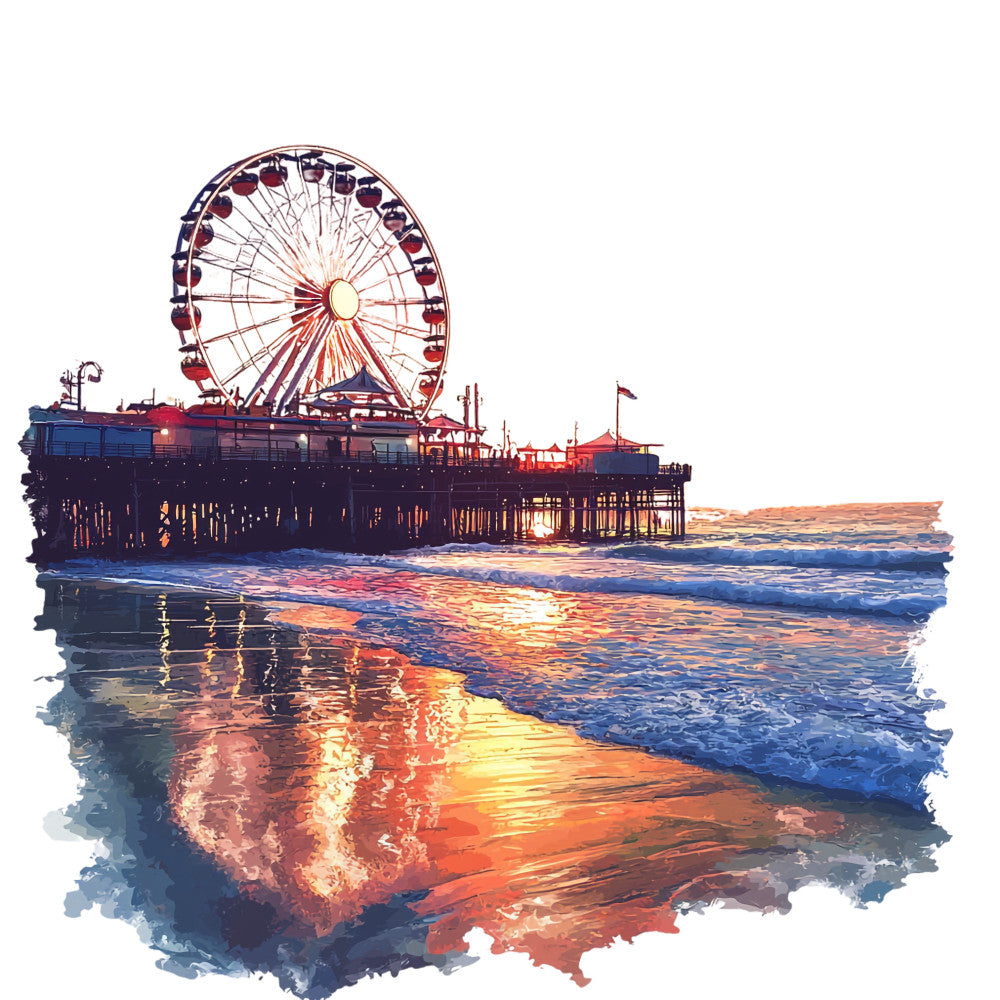 ferris wheel, pier, ocean waves, sunset colors, watercolor style, orange hues, blue tones, purple shades, beach scene, amusement park, california coastline, reflective water, dreamy atmosphere, fabric panel, quilting cotton, seaside theme, evening light, artistic rendering, coastal imagery, carnival lights