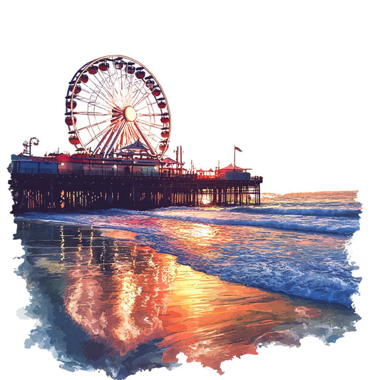 ferris wheel, pier, ocean waves, sunset colors, watercolor style, orange hues, blue tones, purple shades, beach scene, amusement park, california coastline, reflective water, dreamy atmosphere, fabric panel, quilting cotton, seaside theme, evening light, artistic rendering, coastal imagery, carnival lights